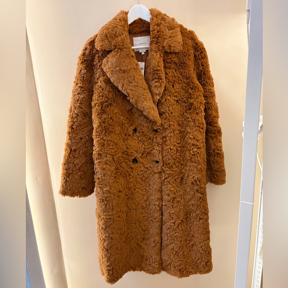 NEW Anthropologie Brown Faux Fur Long Double Breasted Preppy Button Coat S 6 - Picture 5 of 11